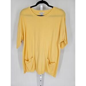 Joan Vass Women's Yellow Short Sleeve Pockets Round Neck Cotton Top Size 1X
